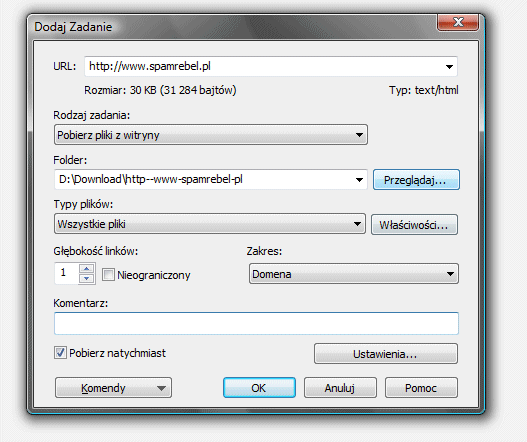 DownloadStudio - nowe zadanie pobierania witryny DownloadStudio - nowe zadanie pobierania witryny