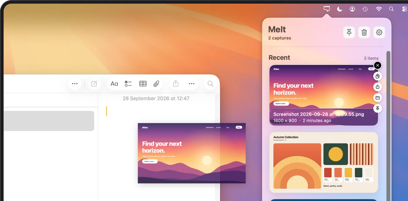 Ein Screenshot wird aus Melt in eine Notiz gezogen; auf der Karte die Tasten Kopieren, Teilen, Finder und Anheften