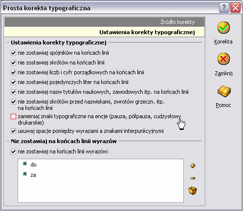 Ustawienia korekty typograficznej