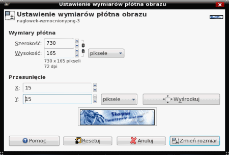 Wymiary płótna w GIMP