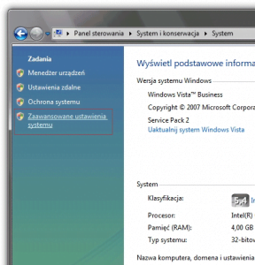 Włączanie zaawansowanych ustawień systemu Vista