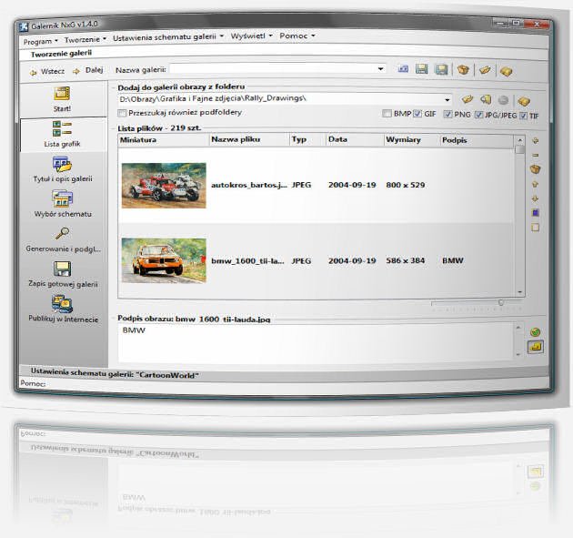 Galernik - program do tworzenia galerii zdjęć - Zmieniona lista plików przeznaczonych do galerii. Teraz minaiturka pokazywana jest bezpośrednio na liście i można skalować jej wielkość za pomocą suwaka umieszczonego ponizej listy.