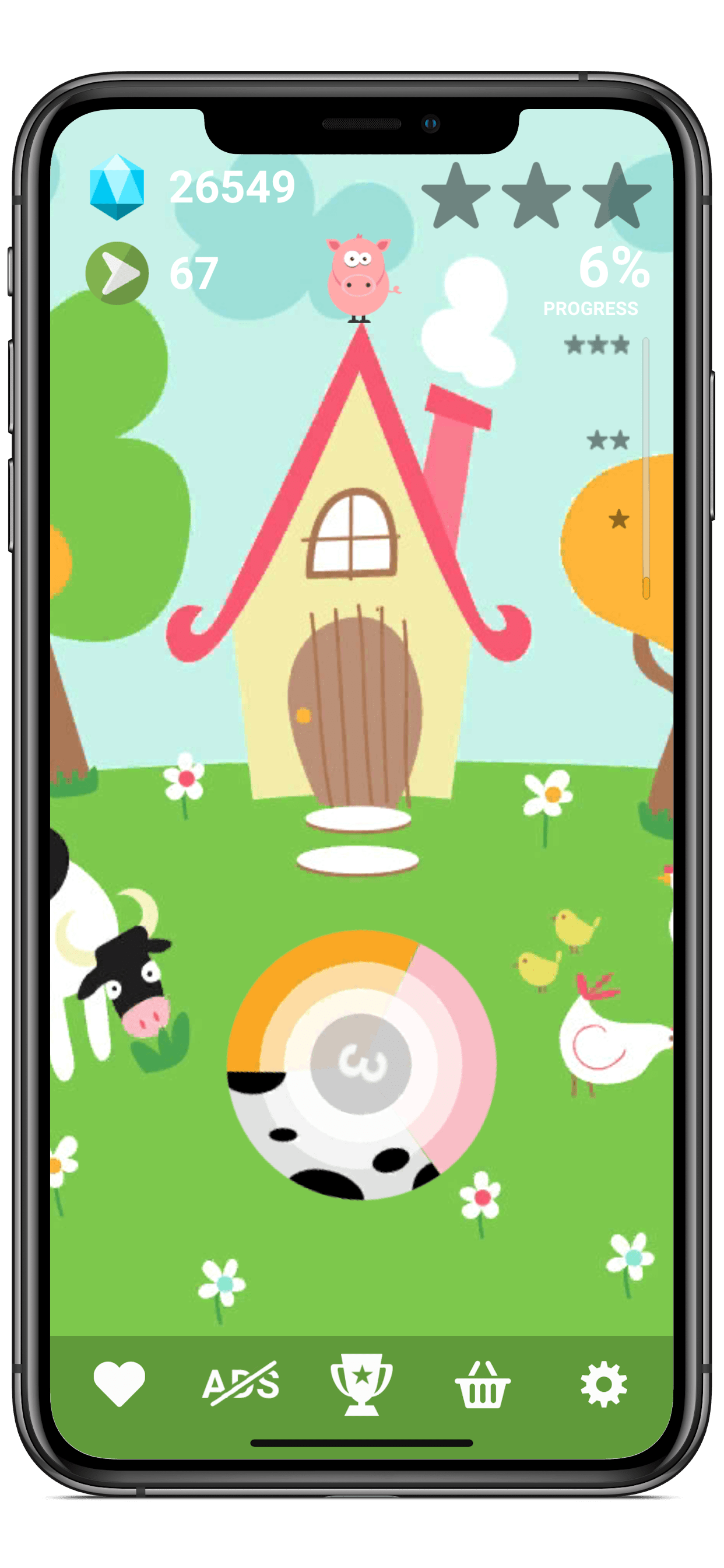6 3 SWIRLY free game for Android, iOS, Windows - drop and match things, save farm animals, destroy planets, feel like on the beach