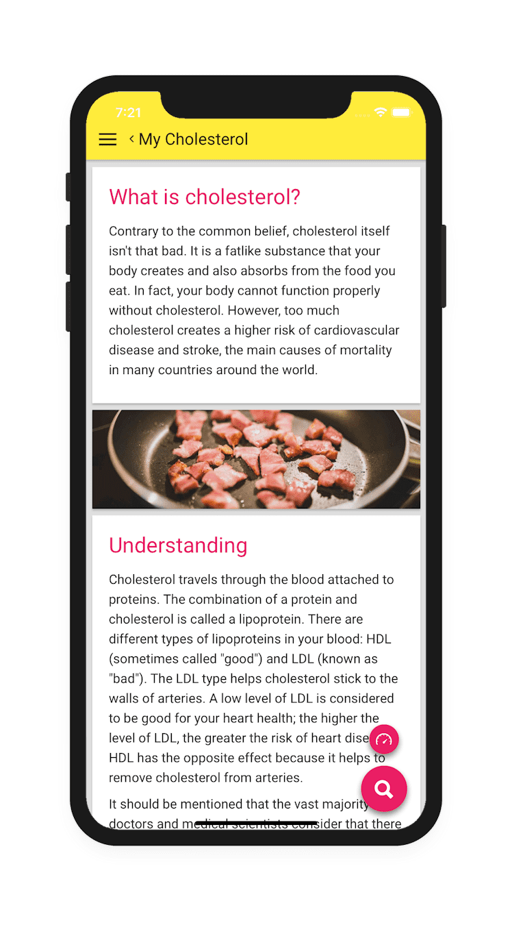 06 cholesterol app en min Cholesterol content in food - help for low cholesterol diets - free Android, iOS and mobile devices application