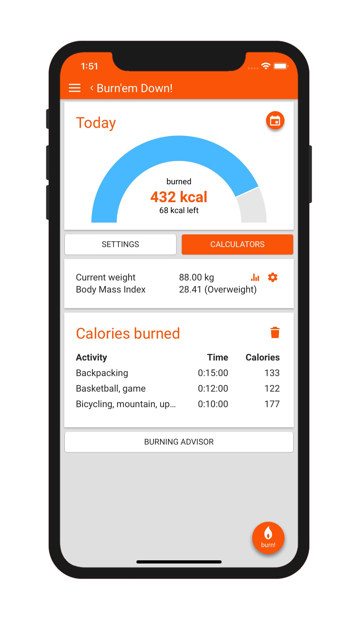 2 burn calories en min Burn'em Down! Calories + Fat - Burn calories easier. Be fit. Take care of your weight. Know your training zones - app for Android, iOS and mobile devices