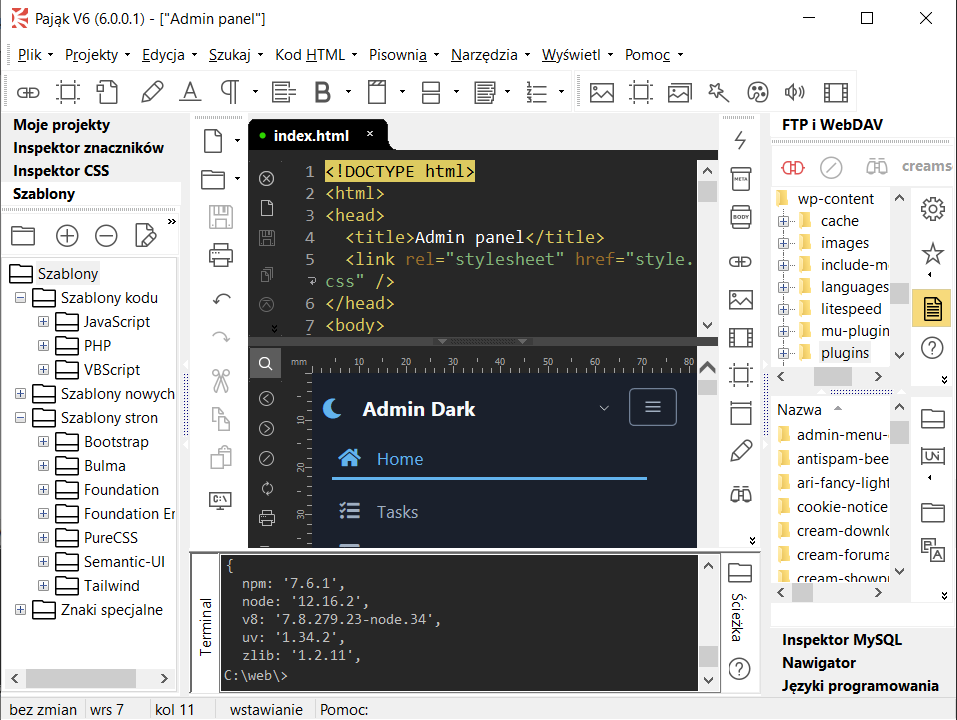 Pająk V6 - edytor stron HTML, JavaScript, CSS, PHP i narzędzie programisty web