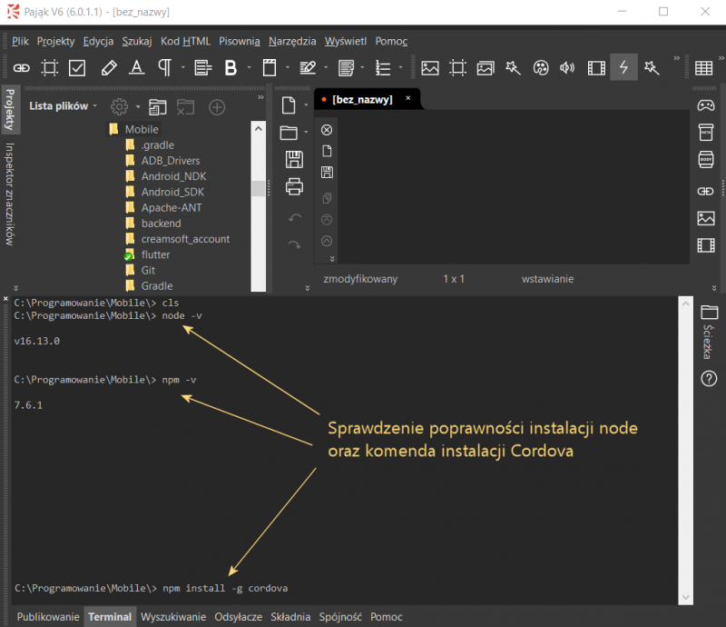 Instalacja node i npm oraz Cordova z terminala