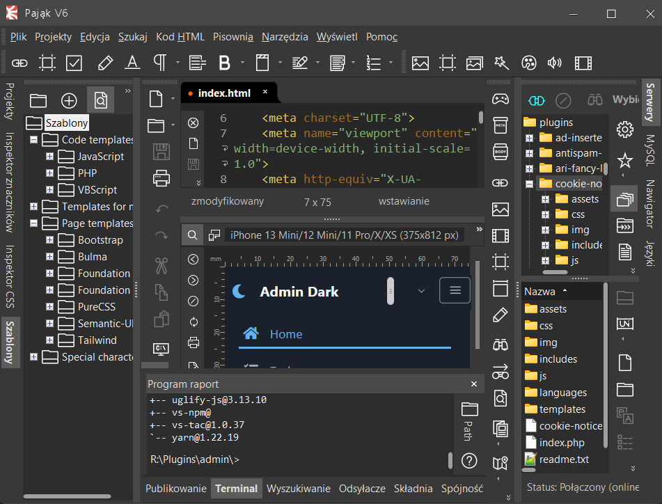 Pająk V6 - edytor stron HTML, JavaScript, CSS, PHP i narzędzie programisty web